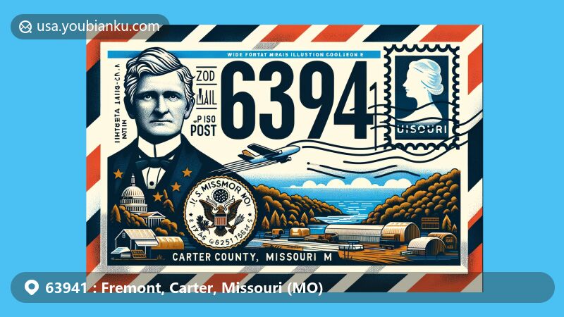 Modern illustration of Fremont, Carter County, Missouri, showcasing postal theme with ZIP code 63941, featuring air mail envelope with U.S. Route 60 and John C. Frémont stamp, and Missouri state flag elements.