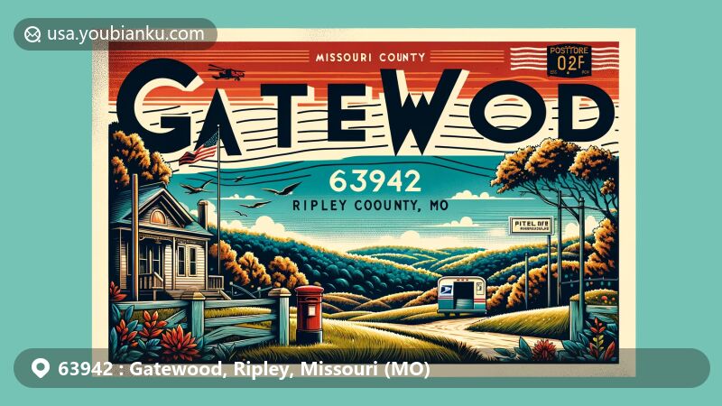 Modern illustration of Gatewood, Ripley County, Missouri, showcasing postal theme with ZIP code 63942, featuring state silhouette, rolling hills, forests, and local flora and fauna.
