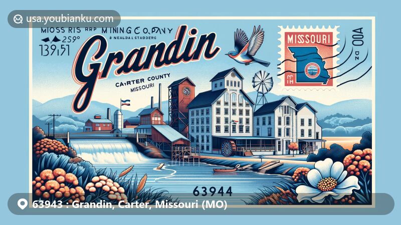 Modern illustration of Grandin, Carter County, Missouri, highlighting historic Missouri Lumber and Mining Company buildings, Mill Pond, and state symbols, with postcard theme and ZIP code 63943.