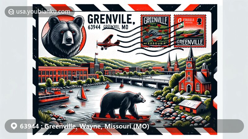 Modern illustration of Greenville, Missouri, with airmail envelope theme, showcasing St. Francis River, bears as school mascot, and postal elements with ZIP code 63944.