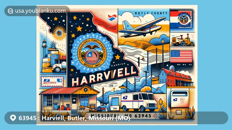 Modern illustration of Harviell, Butler County, Missouri, representing ZIP code 63945 with Missouri state flag, Butler County outline, postcard shape, stamp, mailbox, and mail delivery truck featuring a postmark 'Harviell, MO 63945', creatively blended in a visually appealing style.