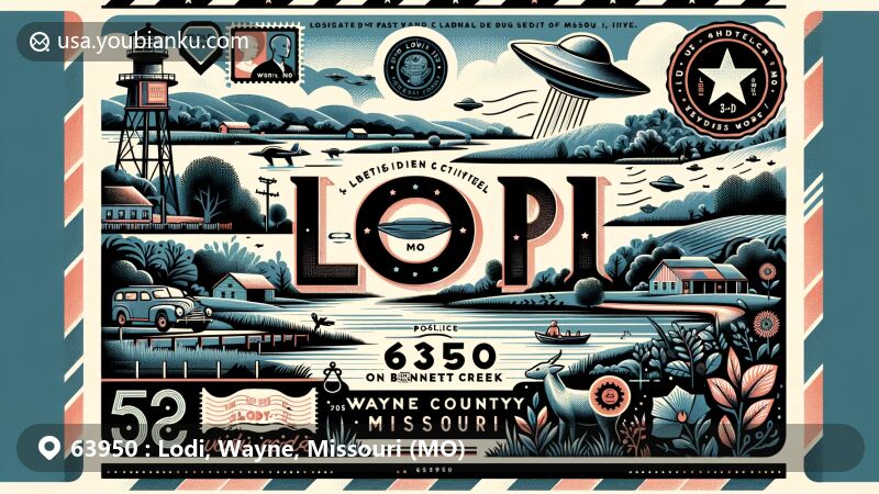 Modern illustration of Lodi, Wayne County, Missouri, showcasing rural charm with a postal theme featuring ZIP code 63950, situated near Bennett Creek and St. Francis River, highlighting connection to nature with elements like creek, forest, and Ozark foothills, paying homage to Lodi's tranquil landscapes. Includes Wayne County as Missouri's UFO capital, adding a touch of fantasy and creativity, incorporating vintage postcard layout with decorative elements such as stamps, a postmark reading 'Lodi, MO 63950,' and envelope border design. Using contemporary illustration style suitable for web use, emphasizing beauty and unique features of the region, avoiding stereotypes or negative connotations.