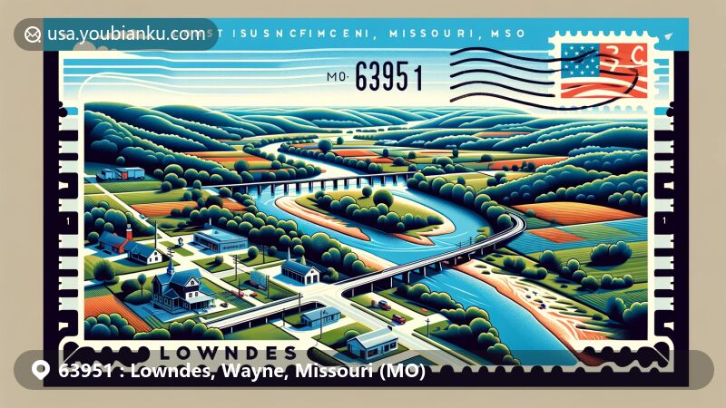 Modern illustration of Lowndes, Wayne County, Missouri, capturing the beauty of Bear Creek and the charming small-town atmosphere with postal elements and a vintage postal stamp design, featuring ZIP code 63951.
