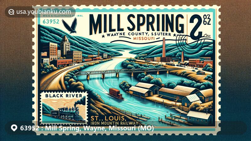 Modern illustration of Mill Spring, Wayne County, Missouri, inspired by a postcard or airmail envelope, highlighting Black River, St. Louis, Iron Mountain & Southern Railway, and ZIP code 63952, with Missouri state symbols.