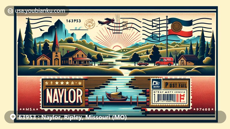 Modern illustration of Naylor, Ripley, Missouri, capturing the charm of a typical American small town surrounded by rolling hills, lush trees, and a winding river, integrating postal elements like vintage airmail envelopes, stamps with ZIP code '63953', postmarks, and classic red mailbox or mail truck to celebrate community spirit and postal connections.