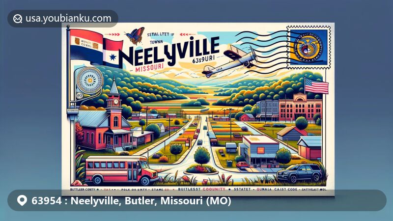 Modern illustration of Neelyville, Butler County, Missouri, showcasing postal theme with ZIP code 63954, featuring local landmarks and cultural symbols, Missouri state flag, and Butler County outline.