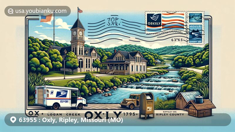 Modern illustration of Oxly, Ripley County, Missouri, combining postal themes with natural beauty of Logan Creek and lush greenery, featuring a classic post office building, vintage postal van, mailbox, stamps with Missouri state flag, '63955' ZIP code, and references to lumber industry origin.