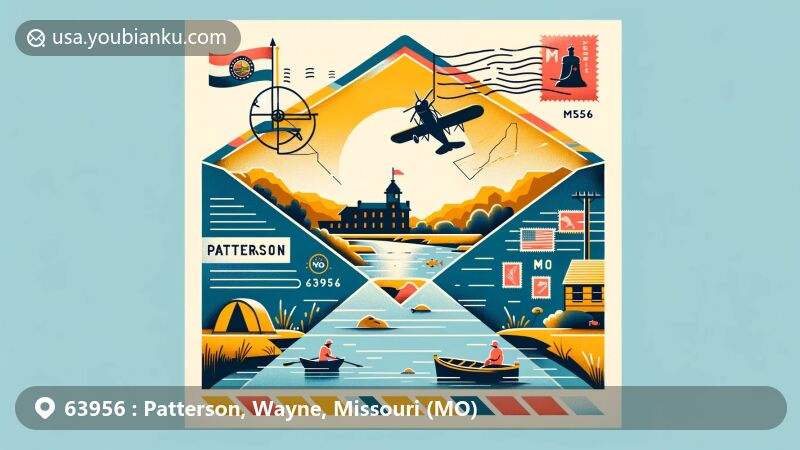 Creative illustration of Patterson, Wayne County, Missouri, portraying ZIP code 63956 with a visually appealing aerial mail concept, showcasing outdoor activities, Fort Benton emblem, Missouri state flag, and postal elements.
