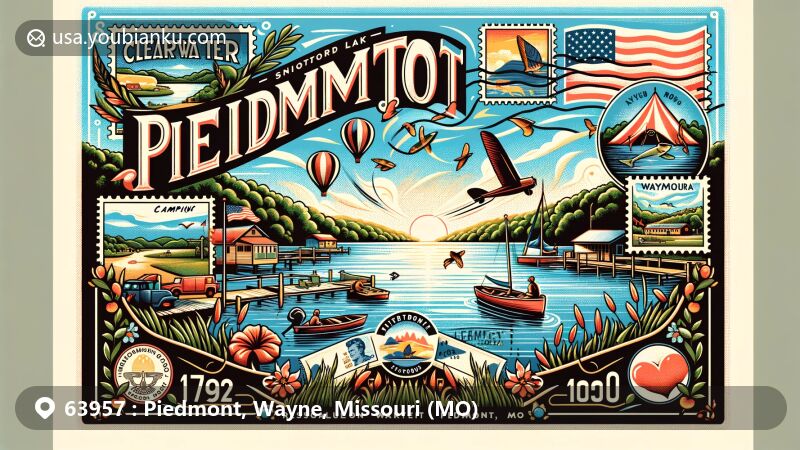 Modern illustration of scenic Piedmont, Missouri, featuring Clearwater Lake, popular for boating and fishing, with vintage postcard motifs and postal elements like airmail envelope and Missouri state symbols.