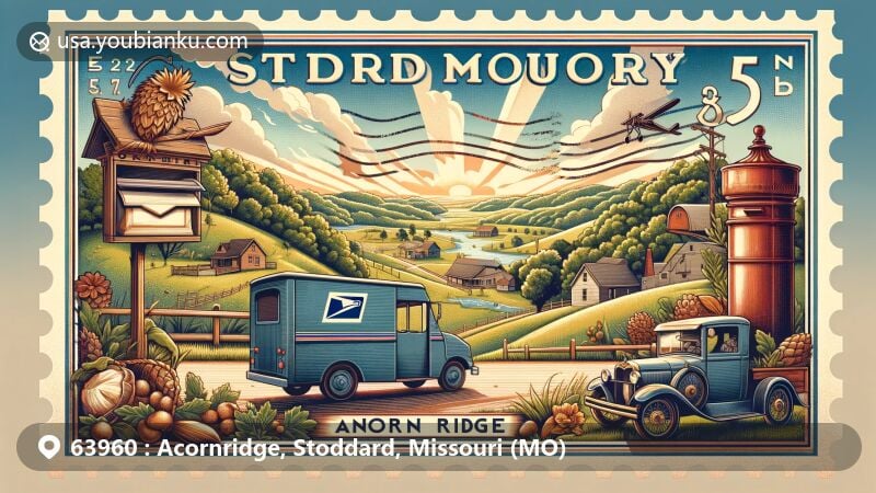 Modern illustration of Acorn Ridge, Stoddard County, Missouri, featuring rural and wooded landscape with postal elements, including vintage postage stamp frame, old-fashioned mailbox, and postal delivery vehicle, showcasing ZIP code 63960.