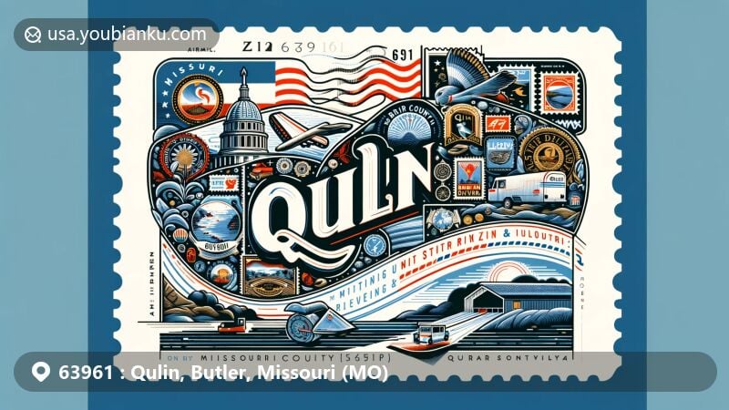 Modern illustration of Qulin, Missouri, showcasing airmail envelope with ZIP code 63961, featuring Missouri state flag, Black River, St. Francis River, mailbox, and mail vehicle.