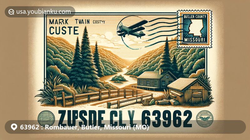 Modern illustration of Rombauer, Butler County, Missouri, showcasing postal theme with ZIP code 63962, featuring Mark Twain National Forest elements and vintage air mail envelope design.
