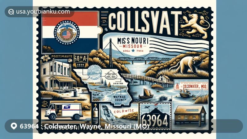 Modern illustration of Coldwater, Missouri, showcasing postal theme with ZIP code 63964, featuring Missouri state flag, Wayne County outline, Coldwater State Forest, and Coldwater Spring.