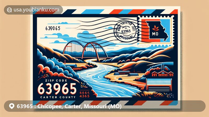 Modern illustration of Chicopee, Carter County, Missouri, featuring ZIP code 63965, showcasing the Current River and the Gateway Arch, with vintage postal elements like a stamp and postmark.