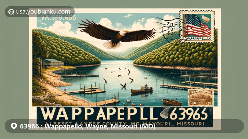 Modern illustration of Wappapello, Wayne County, Missouri, showcasing scenic beauty of Lake Wappapello, surrounding Ozark forests, and postal theme with ZIP code 63966. Features Missouri state flag, wildlife, and vintage postcard layout.