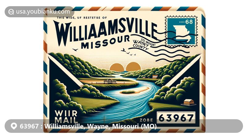 Modern illustration of Williamsville, Missouri, highlighting ZIP code 63967 with vintage air mail envelope, Black River, Wayne County outline, and Missouri state flag stamp.