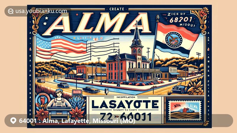 Modern illustration of Alma, Lafayette County, Missouri, with ZIP code 64001, showcasing the town's quaint nature and historical background, featuring Missouri state flag, Lafayette County outline, post office, envelope, and stamp.
