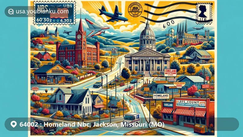 Modern illustration of Homeland Nbc and Lees Summit, Jackson County, Missouri, featuring ZIP code 64002, showcasing cultural landmarks and postal elements.