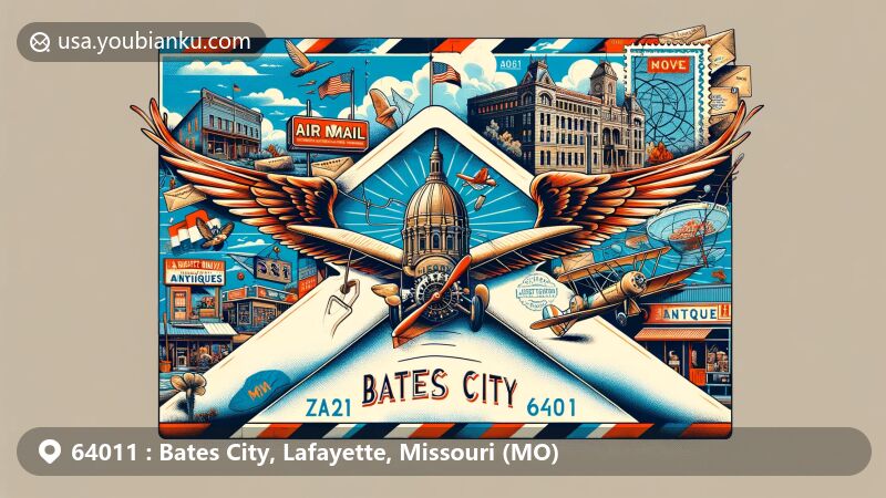 Modern illustration of Bates City, Lafayette County, Missouri, showcasing postal theme with ZIP code 64011, featuring vintage airmail envelope with wings, Bates City landmarks, including antique shops and Lafayette County Courthouse.