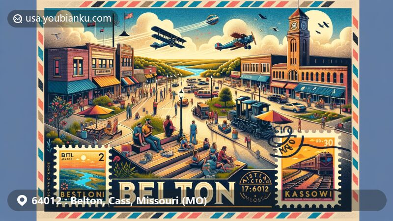 Modern illustration of Belton, Missouri, featuring vibrant community atmosphere, including outdoor activities and lively downtown area with shops and restaurants, highlighting Belton City Hall Museum and local railroad, set against Midwest landscape.