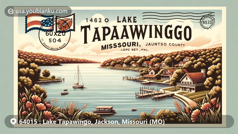 Modern illustration of Lake Tapawingo area in Jackson County, Missouri, featuring tranquil lake, lush greenery, residential homes, vintage postcard theme with ZIP code 64015, Missouri state flag, Jackson County outline, airmail-style border, postage stamps, and postal mark.