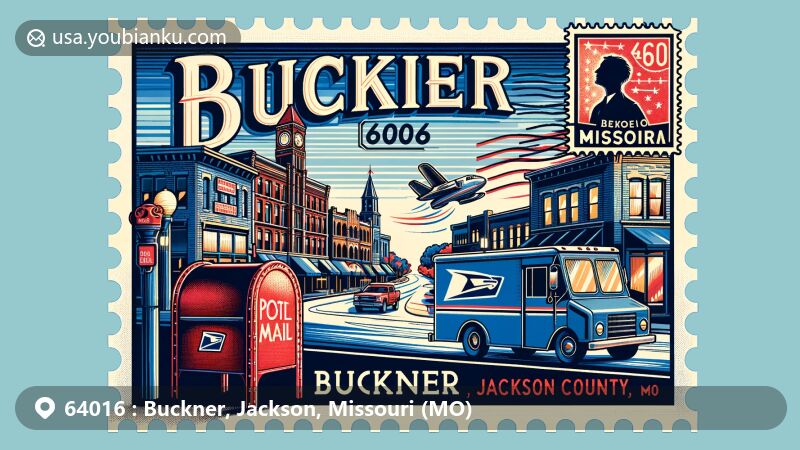 Modern illustration of Buckner, Jackson County, Missouri with ZIP code 64016, featuring downtown charm, Fort Osage School District, Missouri state flag, and loess prairies, incorporating postal theme with vintage air mail envelope, postal stamp, truck, and red postal box.