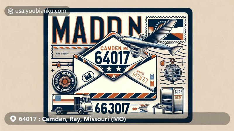 Modern illustration of Camden, Ray County, Missouri, showcasing postal theme with ZIP code 64017, featuring state flag and traditional mail elements.