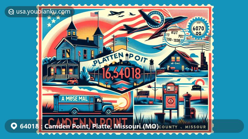 Modern illustration of Camden Point, Platte County, Missouri, highlighting postal theme with ZIP code 64018, showcasing state flag, local geography, vintage postcard design, air mail envelope, and postal services symbols.