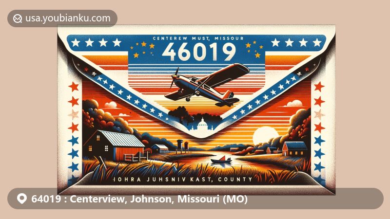 Modern illustration of Centerview, Johnson County, Missouri, featuring an aviation-themed envelope with ZIP code 64019, capturing small-town charm and rural beauty with a silhouette of Missouri state outline and historical farmstead.