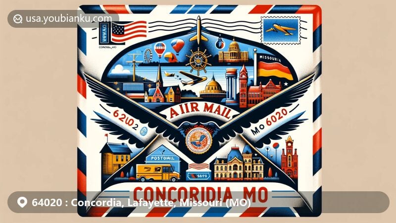 Modern illustration of Concordia, Missouri, blending regional elements with postal motifs, featuring ZIP Code 64020 and cultural symbols like German architecture and flag imprint.