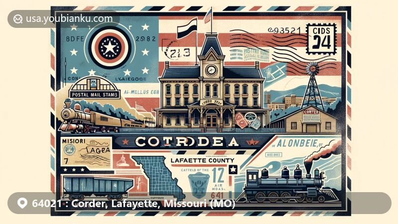 Modern illustration of Corder, Missouri, Lafayette County, featuring a creative postal theme with Missouri state flag and Lafayette County outline, celebrating the town's history with Chicago and Alton railroad.