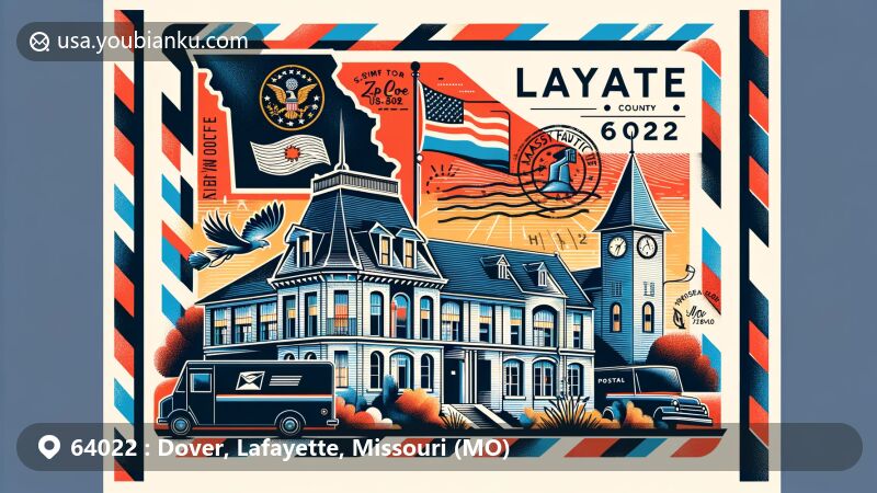 Modern illustration of Dover, Lafayette, Missouri, showcasing postal theme with ZIP code 64022, featuring iconic landmark James M. Dinwiddie House and Missouri state symbols.