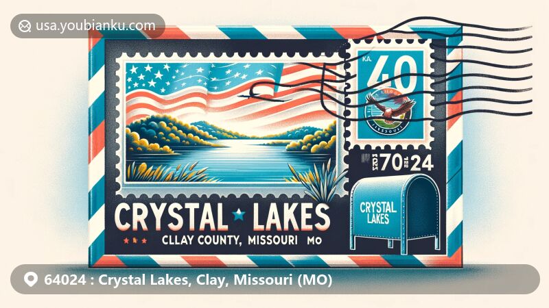 Modern illustration of Crystal Lakes, Clay County, Missouri, highlighting ZIP code 64024 with airmail envelope, lake view, Missouri state flag, and American mailbox.