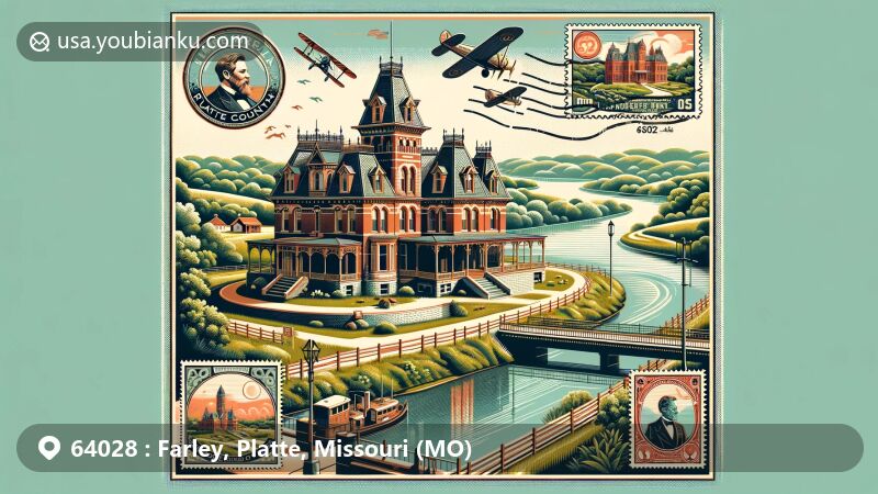 Vibrant illustration of Farley village in Platte County, Missouri, with ZIP Code 64028, highlighting the scenic beauty along the Platte River and local cultural elements.