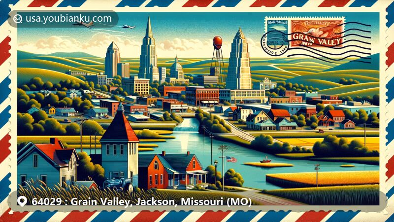 Modern illustration of Grain Valley, Jackson County, Missouri, showcasing postal theme with ZIP code 64029, featuring downtown area and agricultural roots.