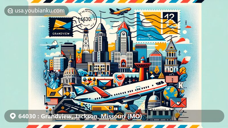 Modern illustration of Grandview, Missouri, blending regional characteristics and postal elements, featuring key landmarks and symbols with ZIP code 64030.