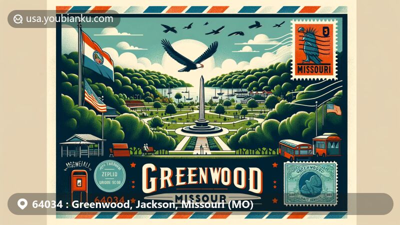 Modern illustration of Greenwood, Missouri, emphasizing ZIP code 64034 with Freedom Park and Missouri state flag, blending local charm and postal theme.