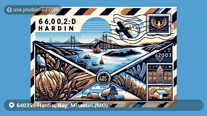 Modern illustration of Hardin, Ray County, Missouri, showcasing postal theme with ZIP code 64035, featuring Missouri River, grain, livestock, and school, symbolizing town's industry and education pride.