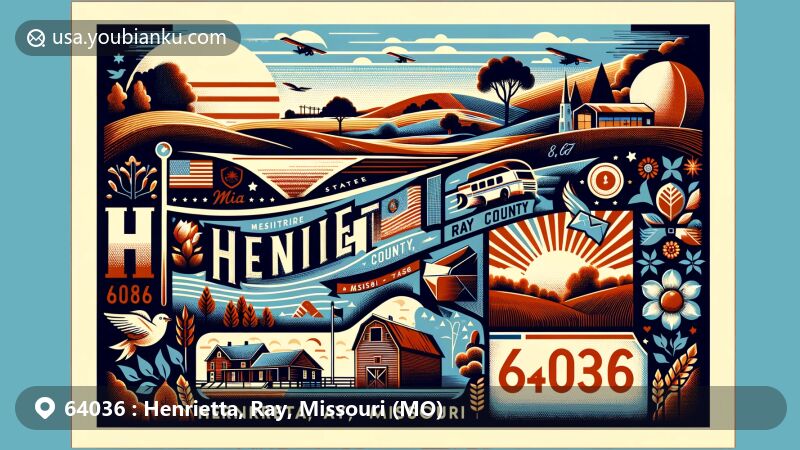 Modern illustration of Henrietta, Ray County, Missouri, highlighting small-town charm and local culture, featuring 1868 establishment, Kansas City metro connection, scenic landscapes, vintage air mail envelope with ZIP code 64036, and Missouri state elements.