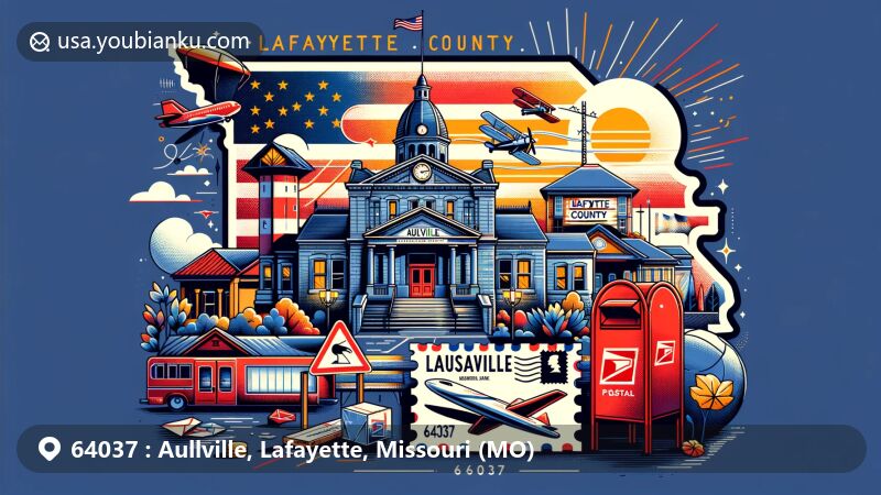 Modern illustration of Aullville, Lafayette County, Missouri, emphasizing postal heritage with ZIP code 64037, featuring Lafayette County Courthouse, airmail envelope, postage stamp, and red mailbox.