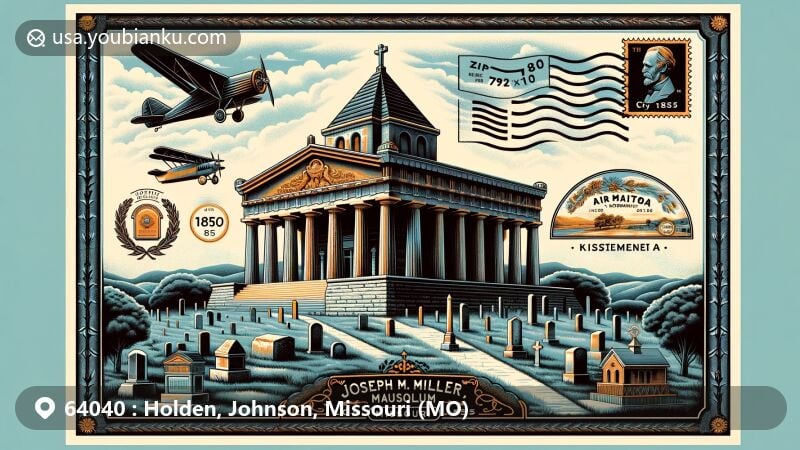 Modern illustration of Holden, Missouri, depicting the Joseph M. Miller Mausoleum and vintage postal elements, including airmail envelope with Missouri stamp and ZIP code 64040.