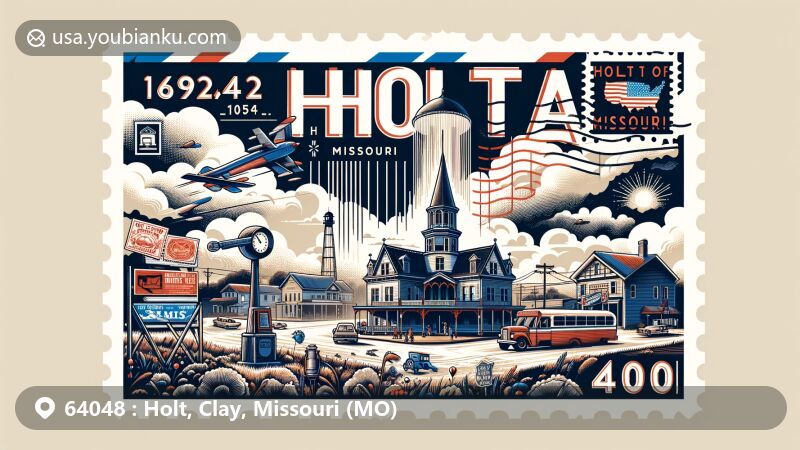 Modern illustration of Holt, Missouri, featuring ZIP code 64048, showcasing postal theme with historic rainfall record event in 1947, Elms Hotel, and Missouri state flag.