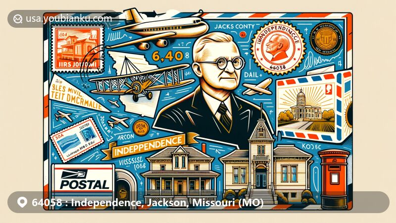 Modern illustration of Independence, Jackson County, Missouri, featuring postal theme with Harry S. Truman, Ginger House, and Independence Visitors' Center, integrating air mail envelope, stamps, postmark with ZIP code 64058, and mailbox.