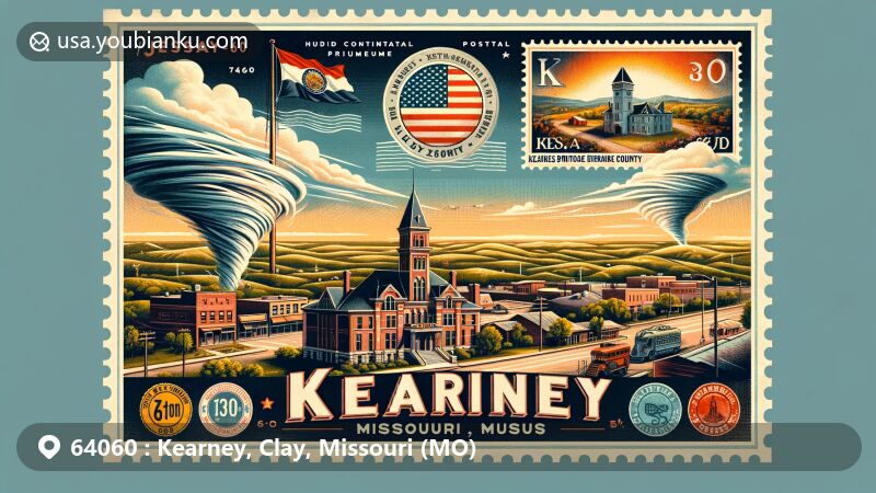 Modern illustration of Kearney, Clay County, Missouri, featuring Kearney Historic Museum, Midwestern climate landscape, postal elements with stamp showcasing ZIP code 64060 and Jesse James Birthplace Museum, regional Missouri state symbols.