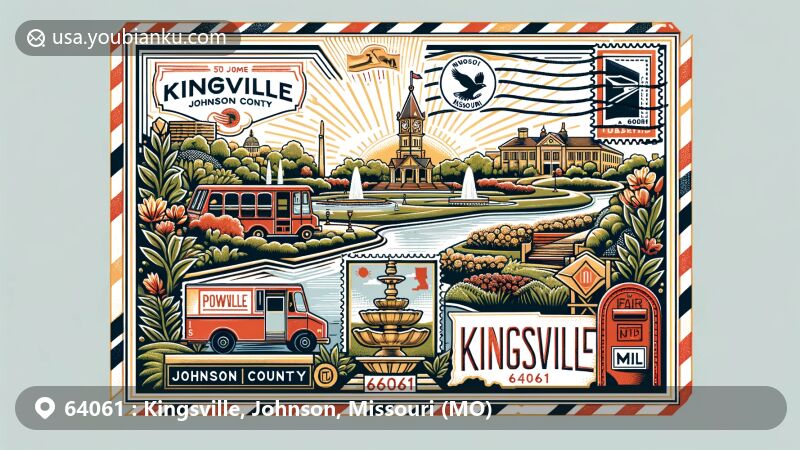 Modern illustration of Kingsville, Johnson County, Missouri, showcasing postal theme with ZIP code 64061, featuring Powell Gardens and Missouri's state flag.