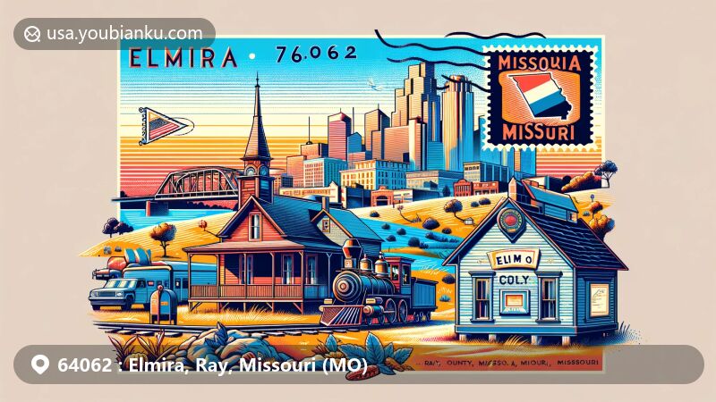 Creative and modern illustration of Elmira, Ray County, Missouri with ZIP code 64062, featuring a historic mining village, postal themes, vintage postcard design, Missouri state flag, classic mailbox, and subtle hint of Kansas City skyline.