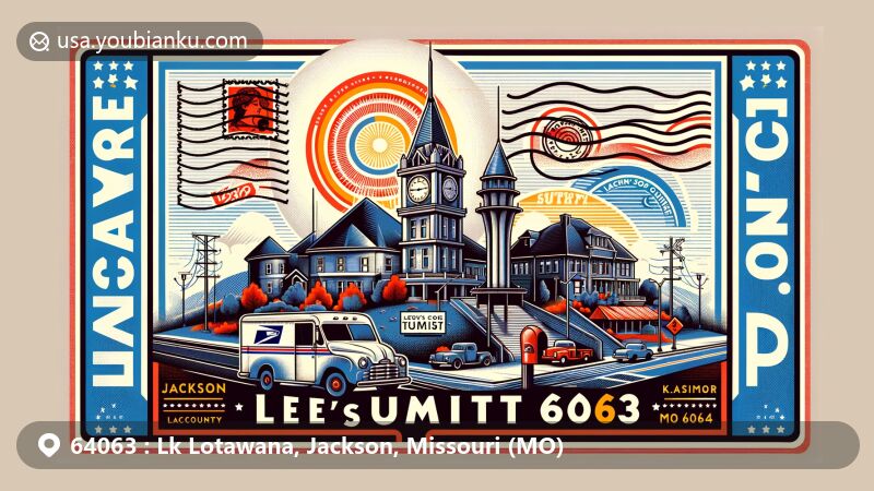 Modern illustration of Lee's Summit, Jackson County, Missouri, highlighting postal theme with ZIP code 64063, showcasing community spirit and regional characteristics with landmarks, cultural symbols, postage stamp, postmark, and vintage postal truck.