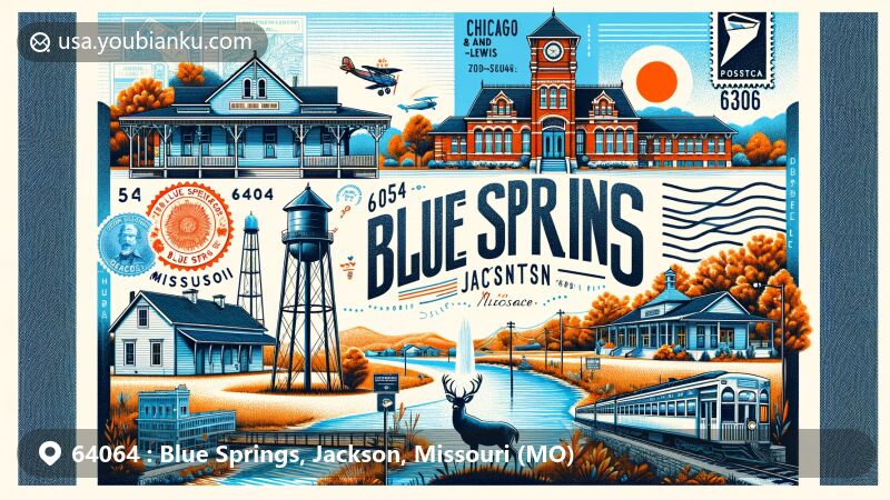 Modern illustration of Blue Springs, Jackson County, Missouri, featuring iconic buildings and cultural highlights, showcasing postal theme with ZIP code 64064, including landmarks like Chicago and Alton Railroad Depot, Dillingham-Lewis House, Blue Springs water tower, Blue Springs Historical Society Museum, Blue Springs Lake, Fleming Park, and local wildlife.