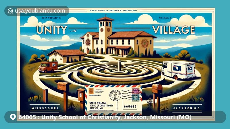 Modern illustration of Unity Village in Missouri, featuring Mediterranean-style architecture and Unity Labyrinth, with a scenic backdrop. The foreground depicts a postcard or aerogram showcasing the postal code '64065' and 'Unity School of Christianity, Jackson, MO'. The postcard corner displays the state flag of Missouri, while the envelope includes a stamp and a postmark with 'Unity Village' and the current date. The scene also includes a postal van and a mailbox decorated with the '64065' postal code, cleverly blending geographical features with postal elements in a wide format (1792x1024 pixels), creatively capturing the essence of the location and its postal heritage, highly engaging to viewers.