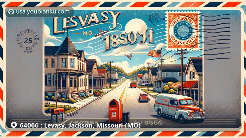 Modern illustration featuring 64066 Levasy, Missouri, displayed in a vintage airmail envelope, showcasing town's postal and regional charm with small-town streetscape, post office, Missouri state flag, classic red mailbox, and vintage postal truck.